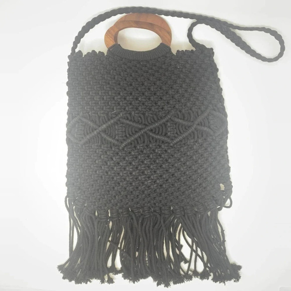Danielle Nicole Macrame Fringe Tassel Wooden Handle Crossbody Bag in Black - Picture 7 of 10